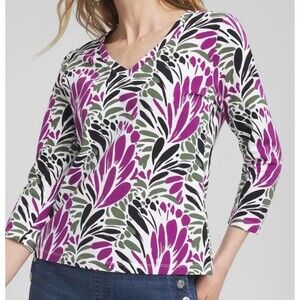Chicos White Purple Olive Floral 3/4 Sleeve V-Neck Cotton Woman Sz 1 Medium Top
